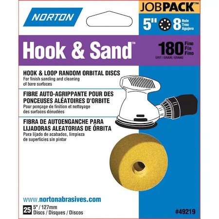Norton Co 5" Hook & Sand 8-Hole Sanding Disc, P180-Grit, PK 25 49219